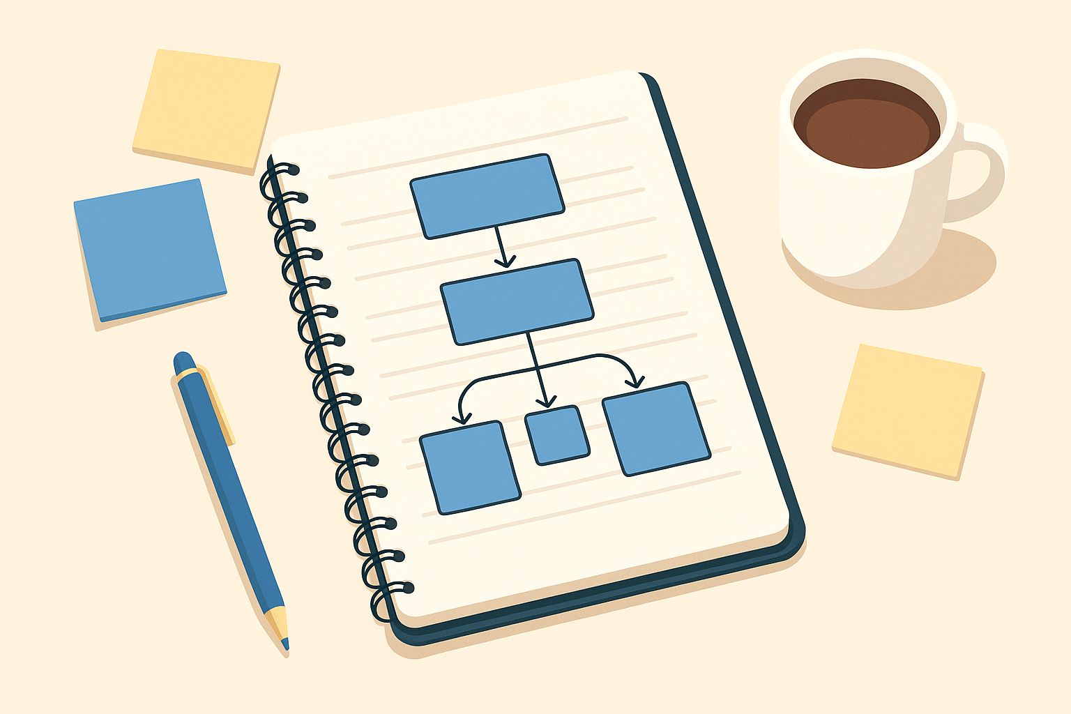 Research paper outline concept: spiral notebook with flowchart, sticky notes, pen, and coffee on a beige desk