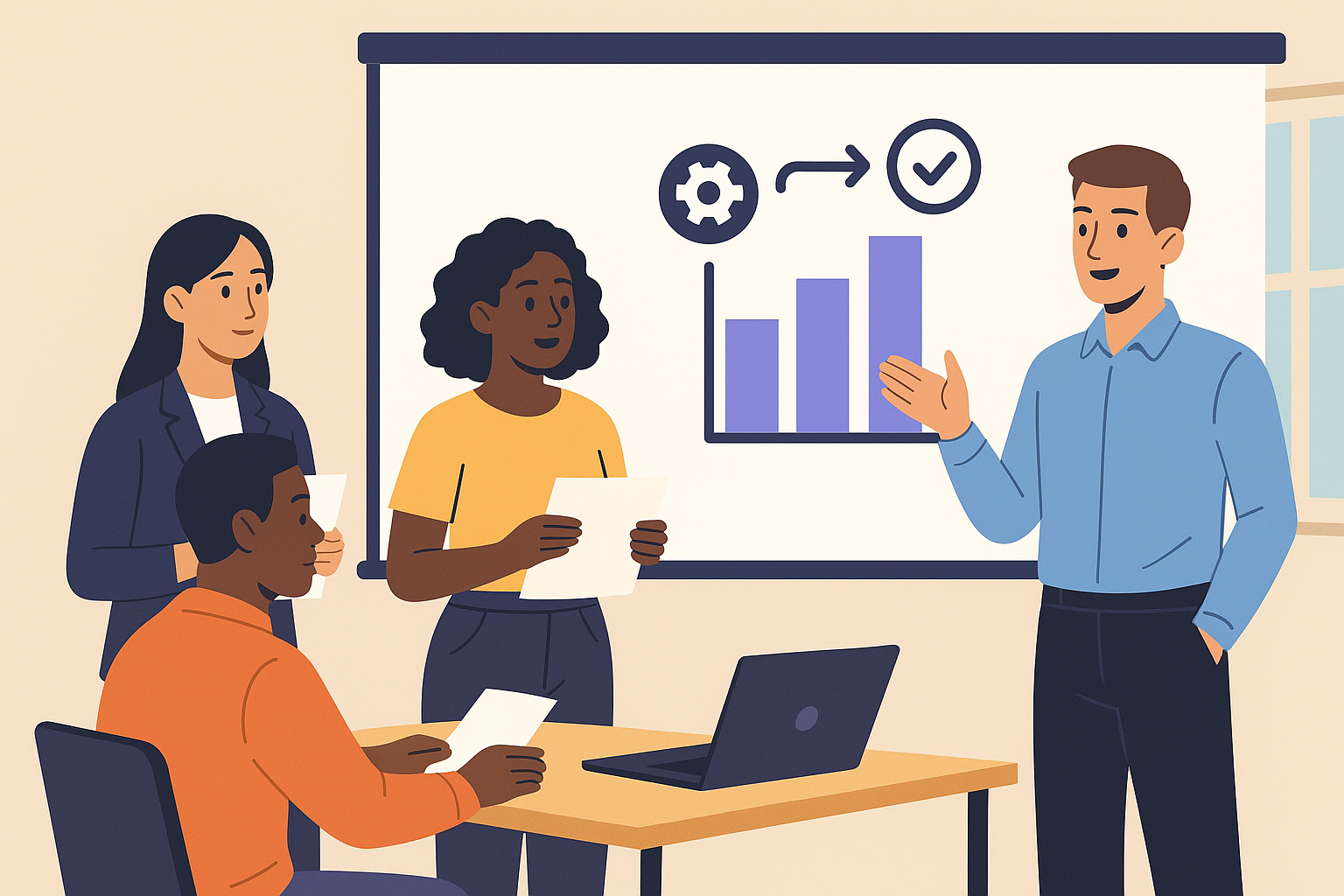 Four college students giving a group presentation; lead speaker points to a bar chart while teammates manage laptop, notes, and transitions.